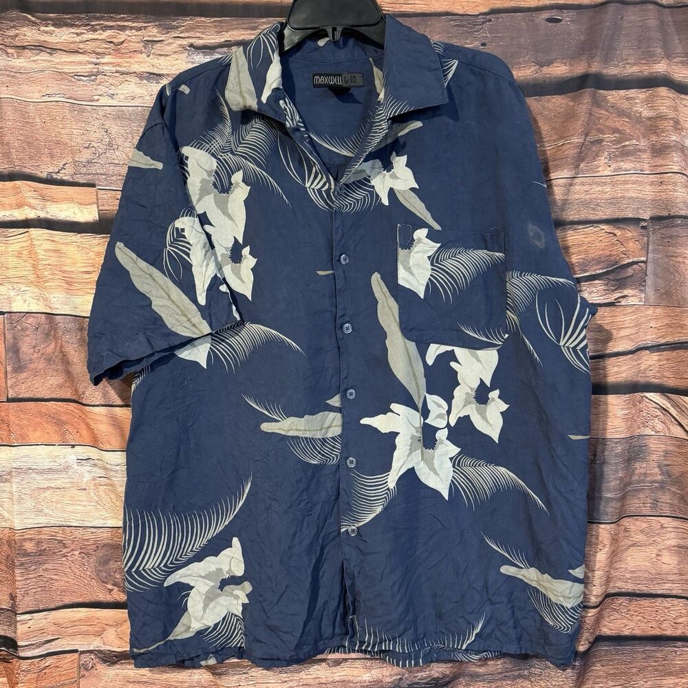 Maxwell Co Silk Hawaiian Shirt Mens XL Blue Orchid Tropical Floral Palm Stain